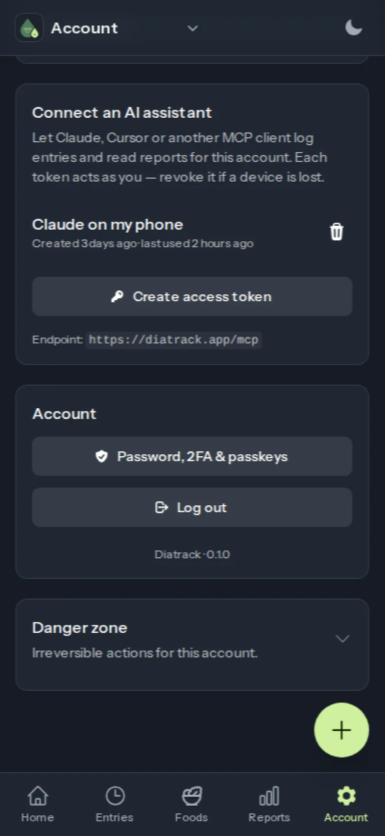 The Account page with the Connect an AI assistant card: a token named Claude on my phone, a button to create another, and the endpoint https://diatrack.app/mcp.