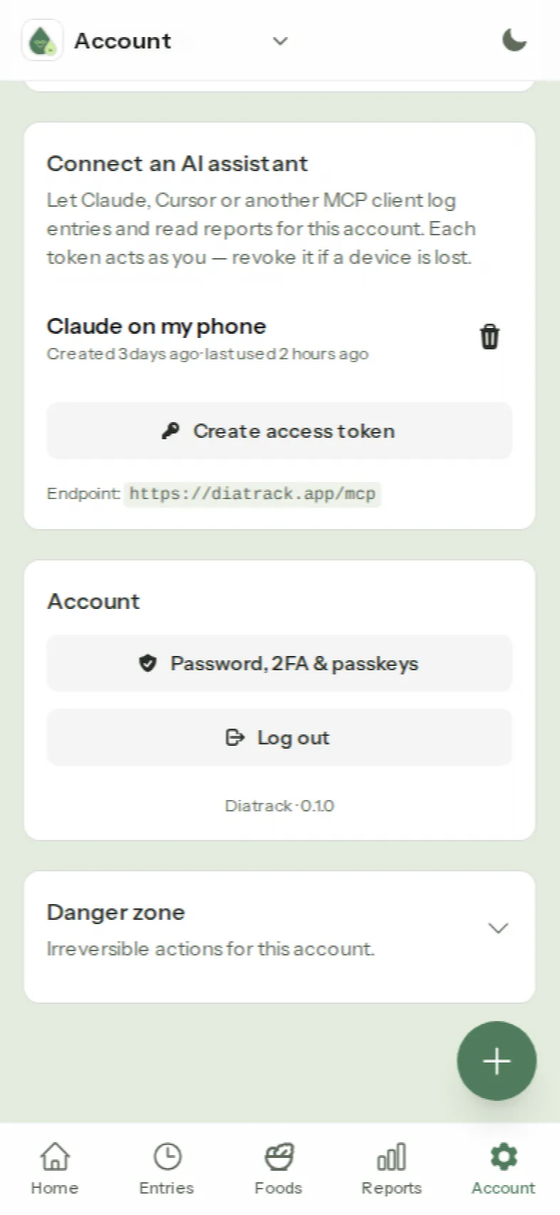 The Account page with the Connect an AI assistant card: a token named Claude on my phone, a button to create another, and the endpoint https://diatrack.app/mcp.