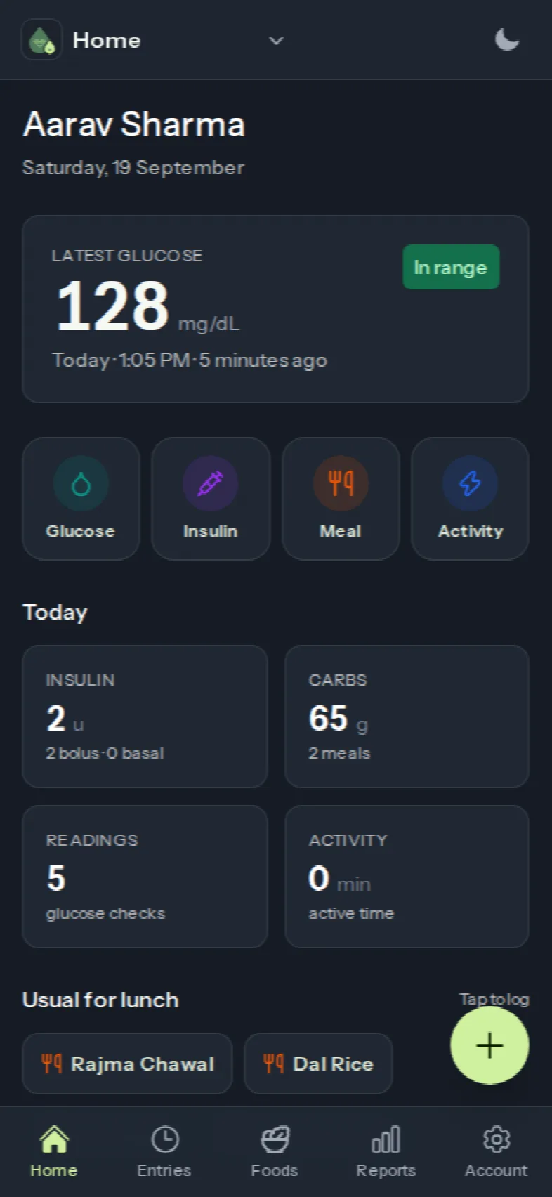 The Diatrack home screen for a child's profile: latest glucose in range, four big buttons to log glucose, insulin, a meal or activity, today's totals and the usual lunch ready to tap.