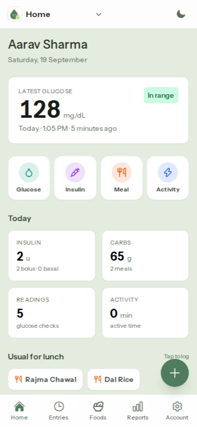 The Diatrack home screen for a child's profile: latest glucose in range, four big buttons to log glucose, insulin, a meal or activity, today's totals and the usual lunch ready to tap.