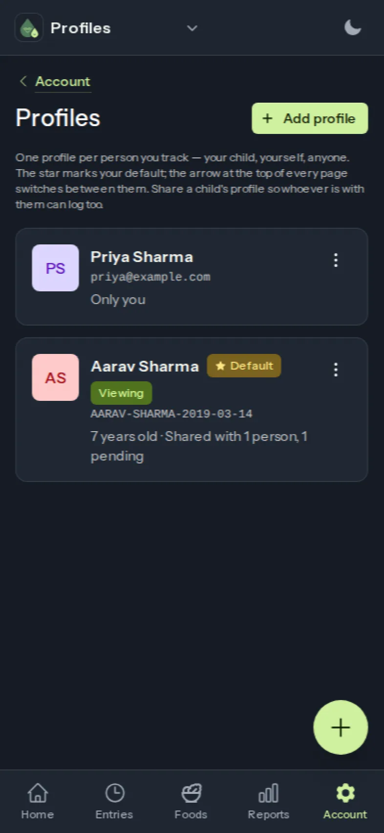 The Profiles page listing Priya Sharma's own profile and her child Aarav's profile, which is the default and shared with one person, with one invite pending.