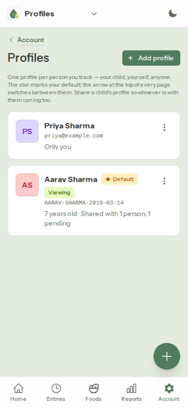 The Profiles page listing Priya Sharma's own profile and her child Aarav's profile, which is the default and shared with one person, with one invite pending.