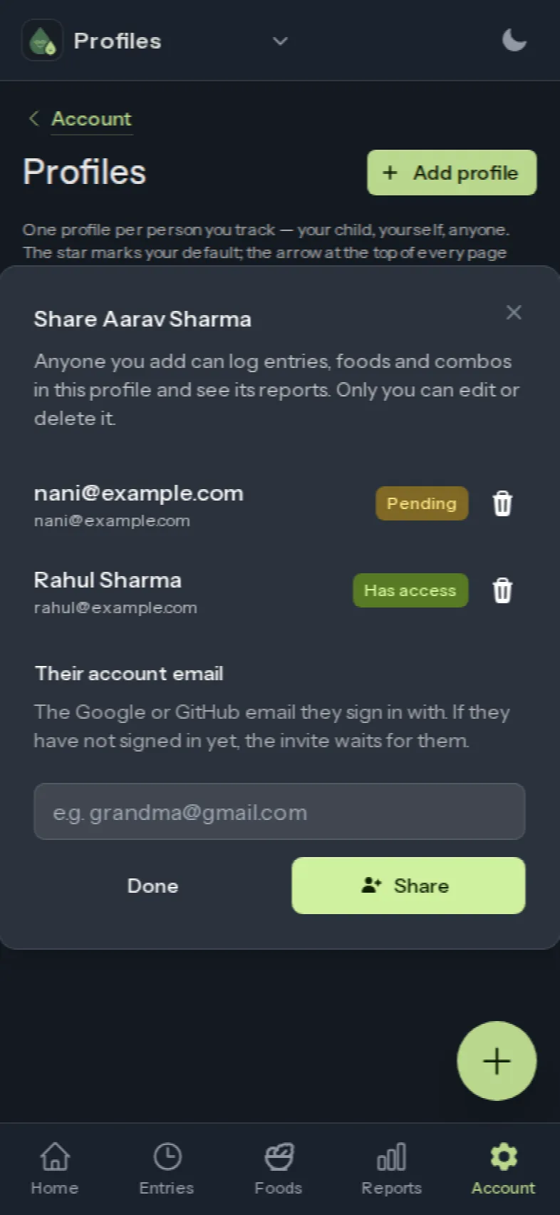 The share sheet for Aarav's profile: one person has access, one invite is pending, and a field to add another email.