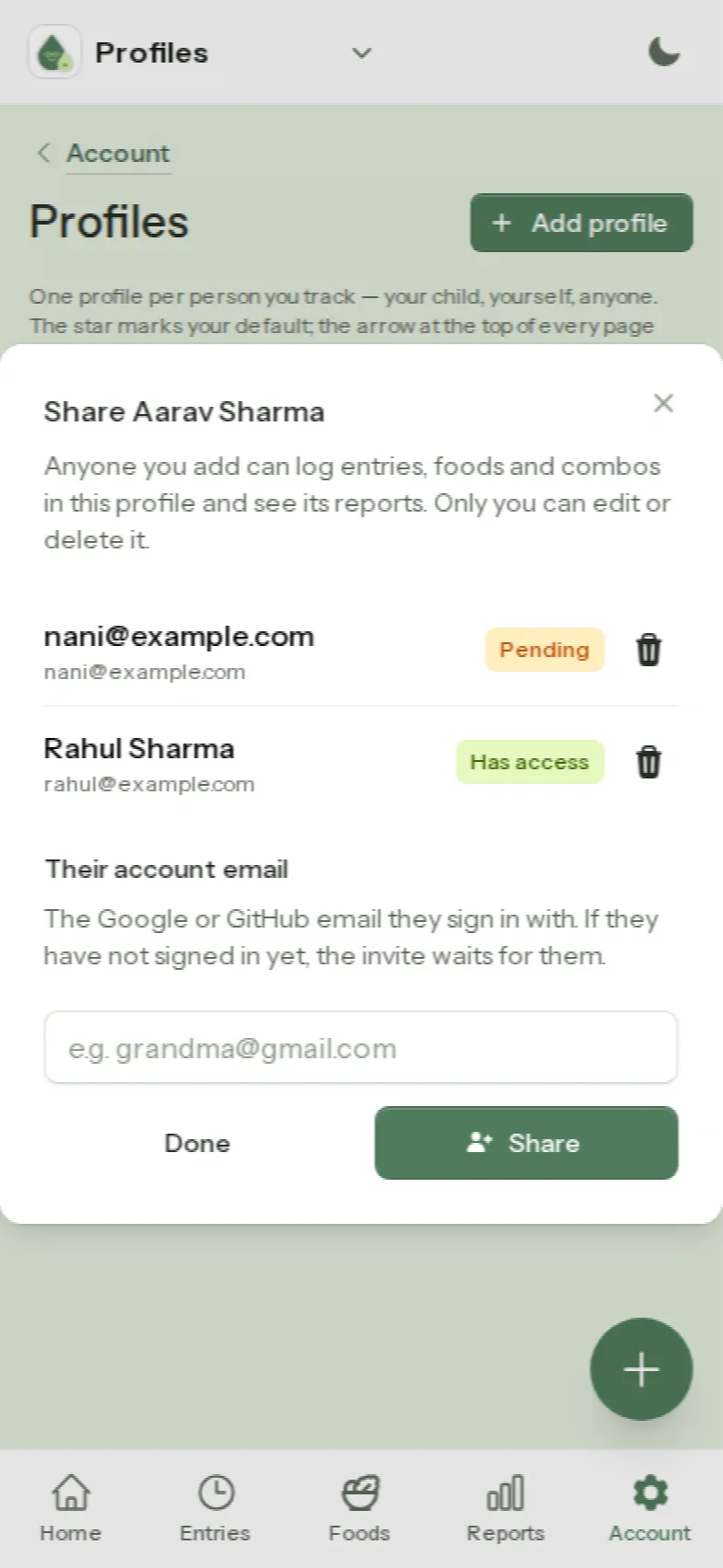 The share sheet for Aarav's profile: one person has access, one invite is pending, and a field to add another email.